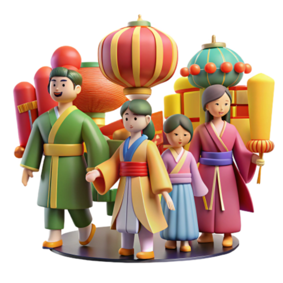 beautiful vintage Asian Festival Procession 3D Render of Traditional Costumes and Lanterns detailed png
