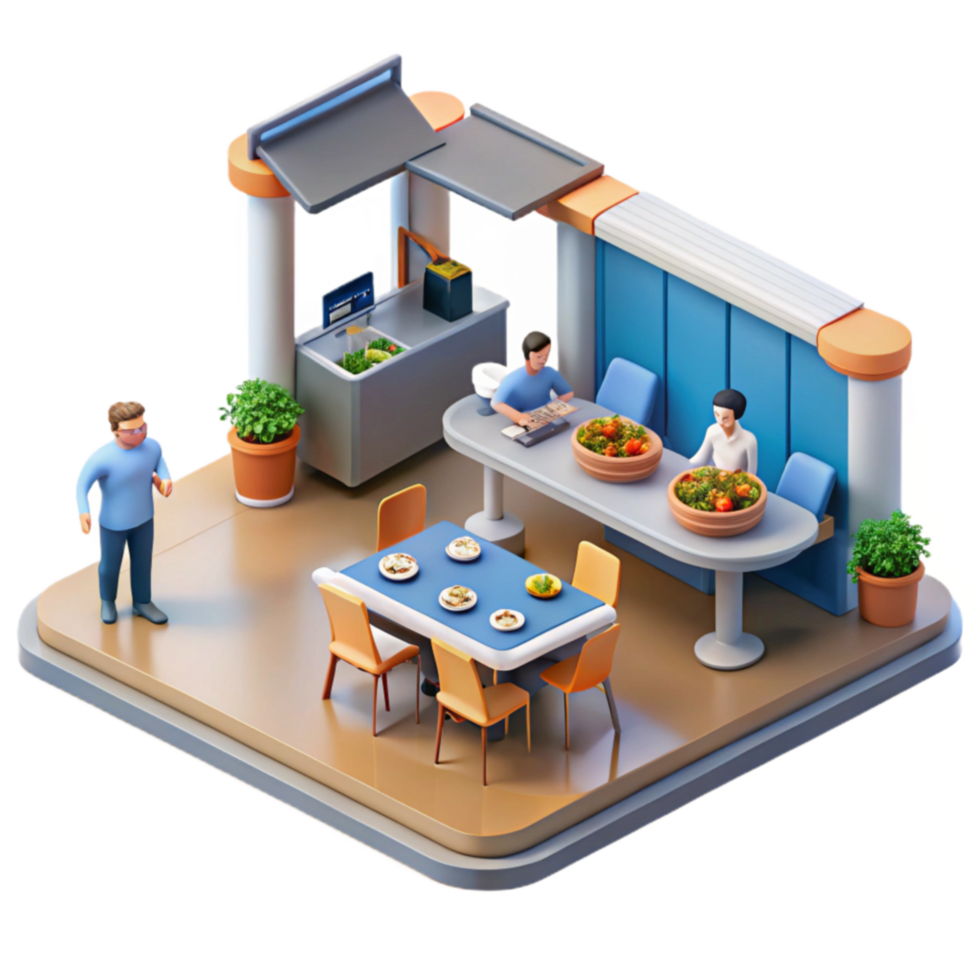 stunning classic Modern Restaurant Interior Design Isometric 3D Model of Casual Dining Space authentic png