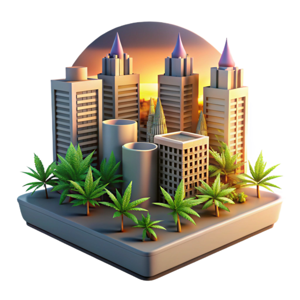 vibrant abstract Urban Oasis Cityscape with Cannabis Plants premium png