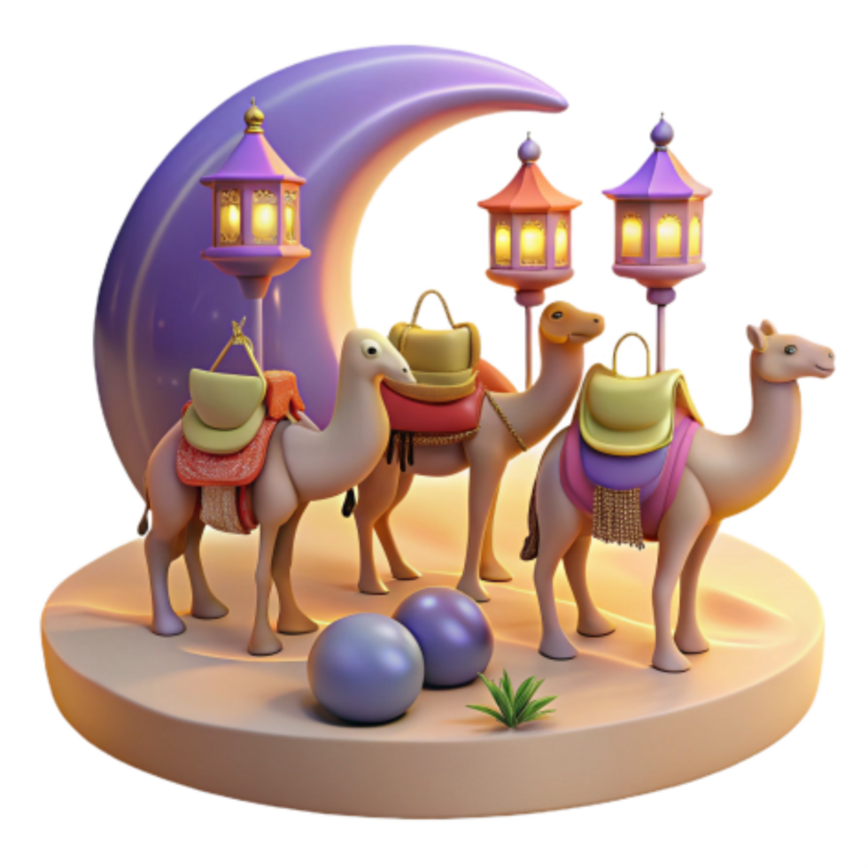 beautiful rustic Camels, Crescent Moon, and Lanterns A Festive Night Scene exclusive png