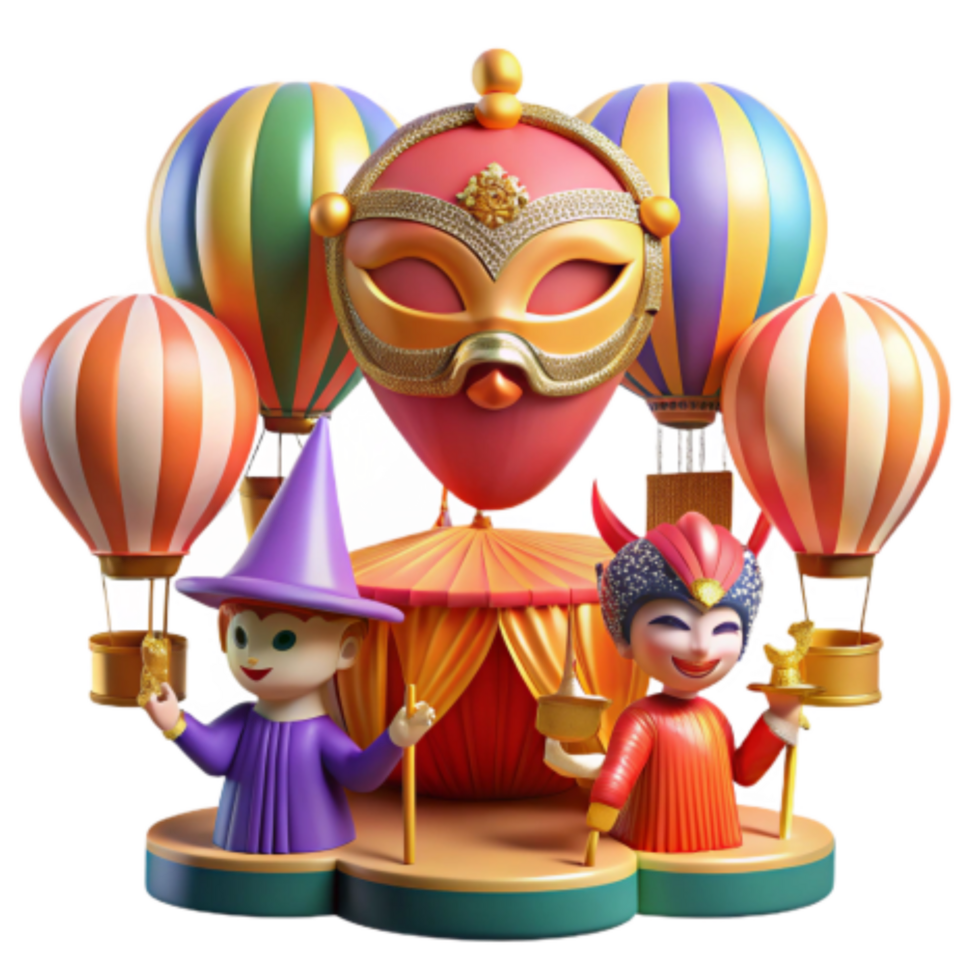 magnificent traditional Whimsical Carnival Hot Air Balloons, Masks, and Fairytale Characters premium png