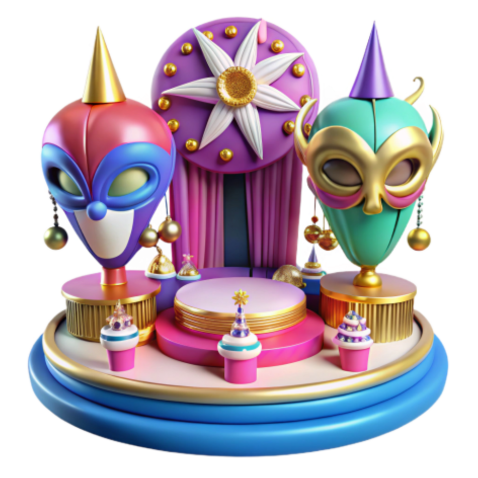 impressive artistic Festive Masks, Stage, and Cupcakes A 3D Render detailed png