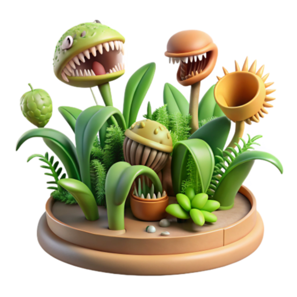 vibrant creative Carnivorous Plant Terrarium 3D Render of Fantasy Flora high quality png
