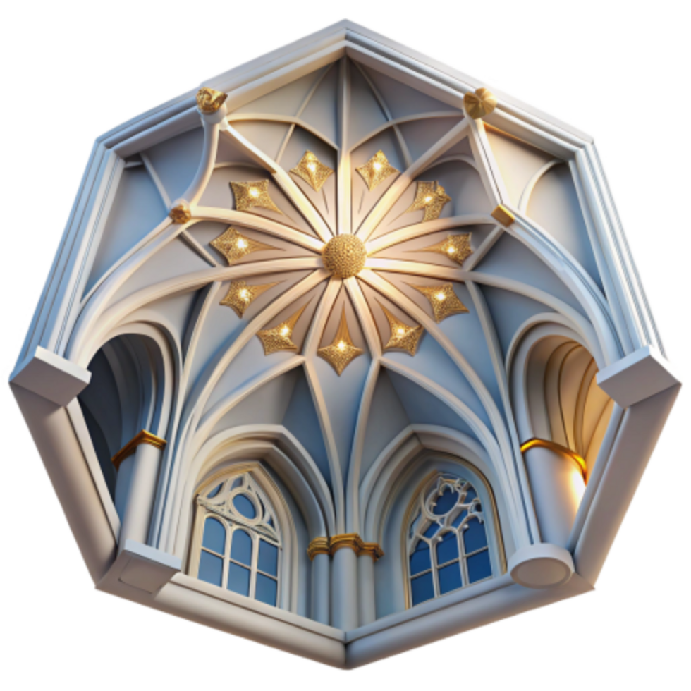 magnificent modern Hexagonal Gothic Ceiling with Illuminated Rose Window 4K png
