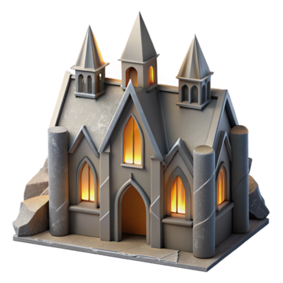 dramatic rustic Gothic Church Model Stone Architecture, Illuminated Windows exclusive png