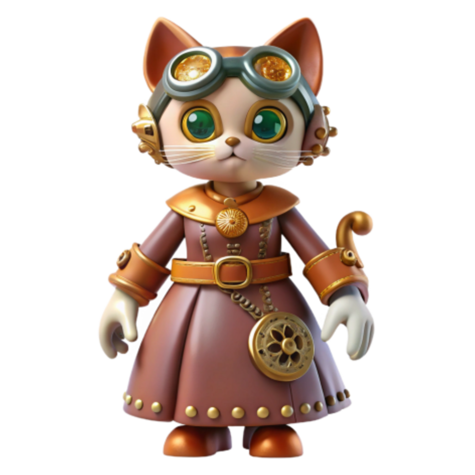 serene rustic Steampunk Cat 3D Render of a Goggles-Wearing Feline Inventor 4K png