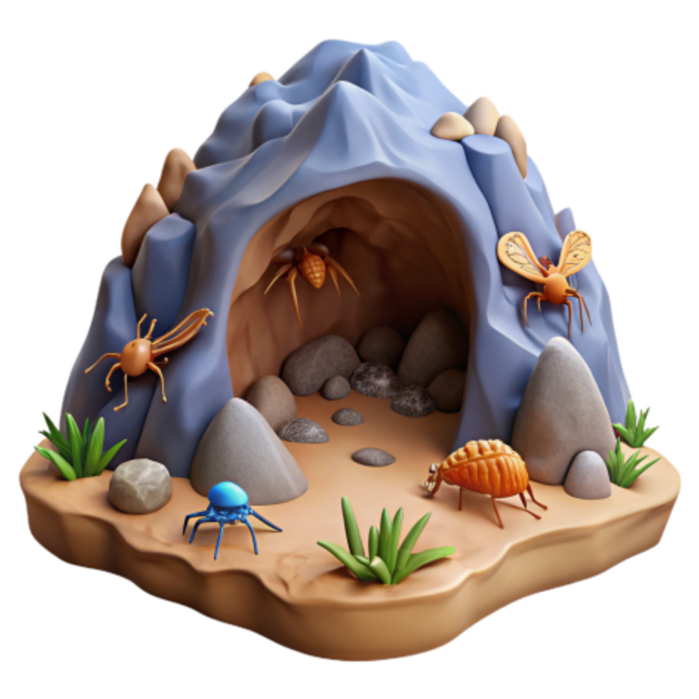 serene rustic Cave Insects 3D Render of Bugs in a Rock Shelter 4K png