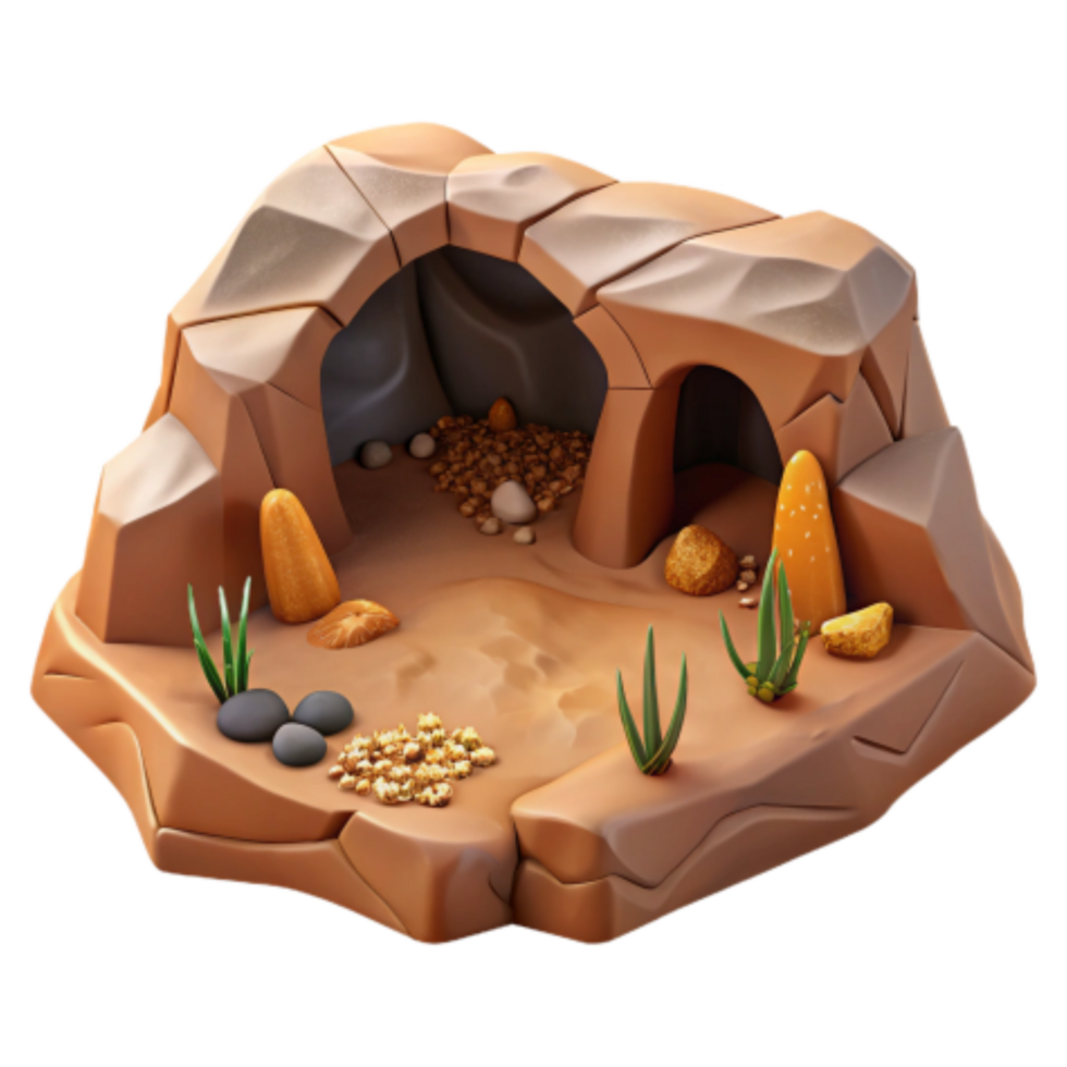 serene rustic Desert Cave 3D Model Rocks, Plants, Gold Nuggets detailed png