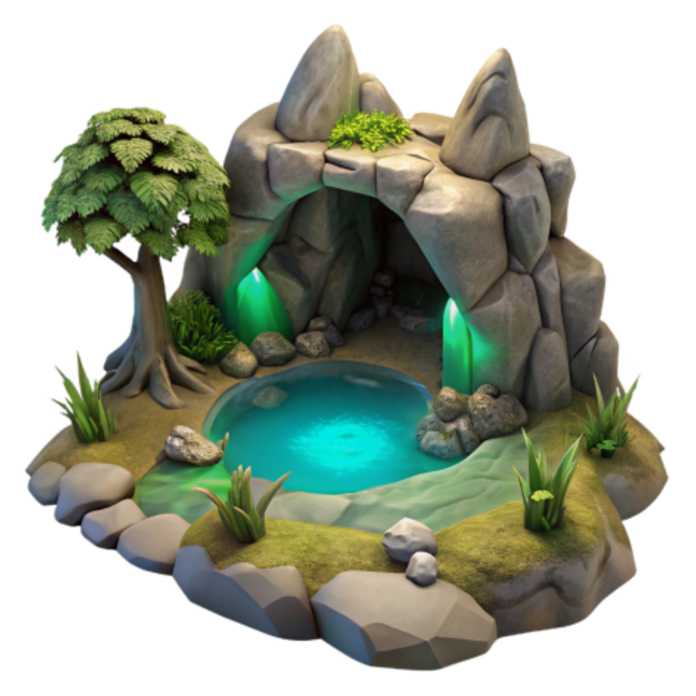 serene contemporary Enchanted Grotto Mystical Pool, Lush Greenery, and Crystal Caverns premium png