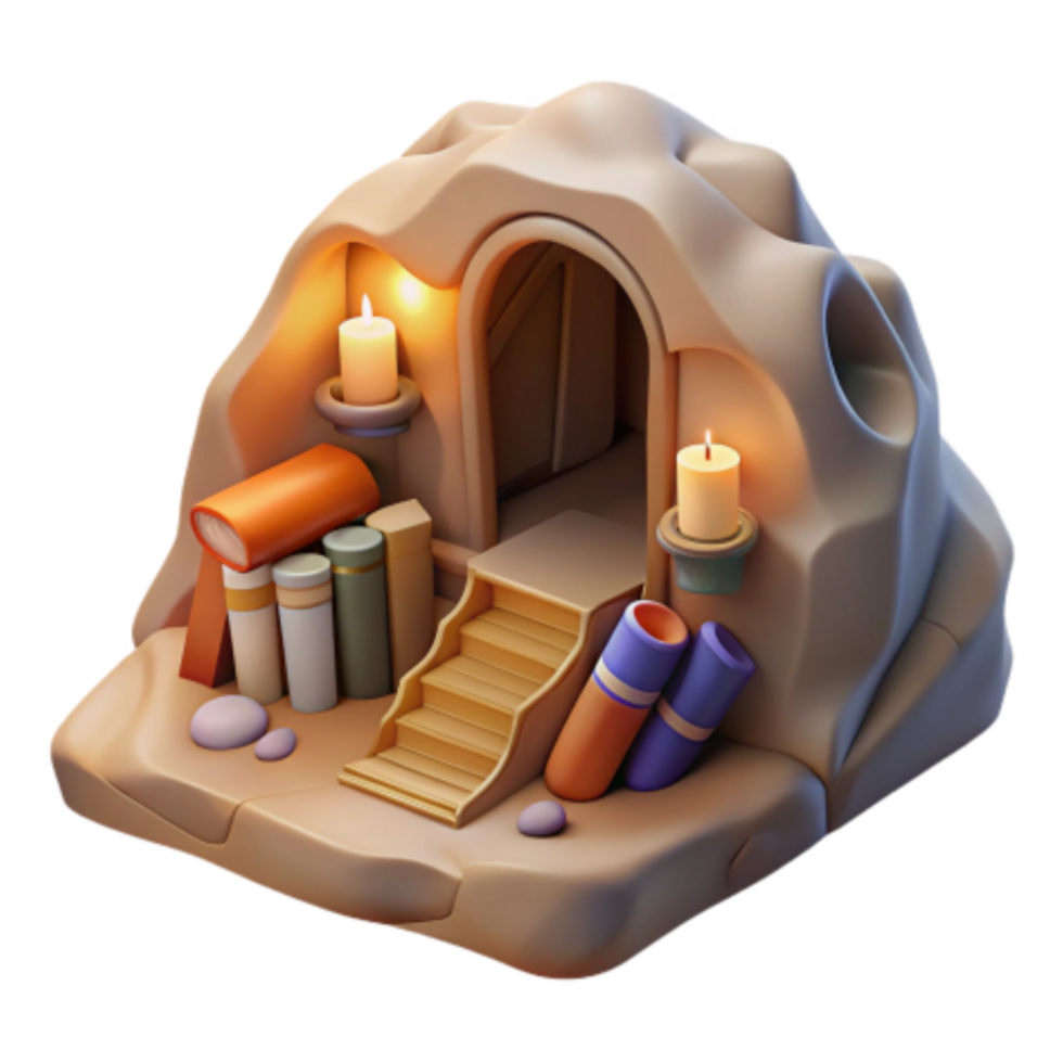 extraordinary artistic Enchanted Cave Library Books, Candles, and Steps to Knowledge 4K png