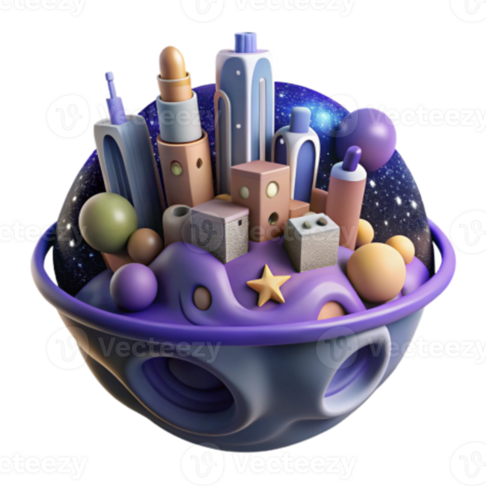 stunning modern Cosmic Cityscape 3D Render of Miniature Metropolis on a Planet high resolution png