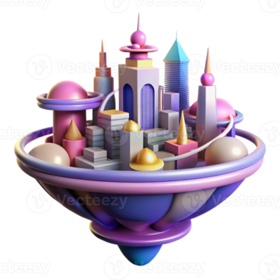 dramatic vintage Whimsical Floating City 3D Render of an Imaginary Metropolis professional png