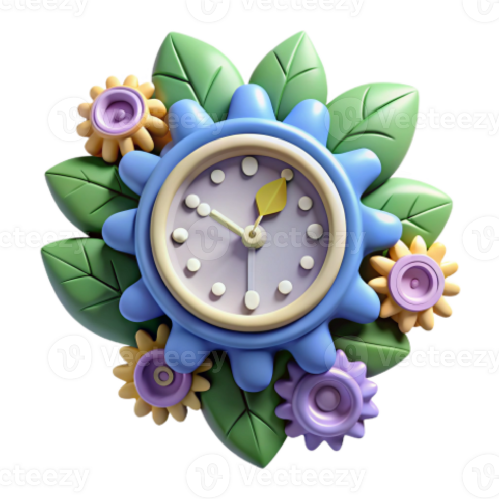 serene rustic Floral Clock 3D Render of Timepiece with Flowers and Leaves exclusive png