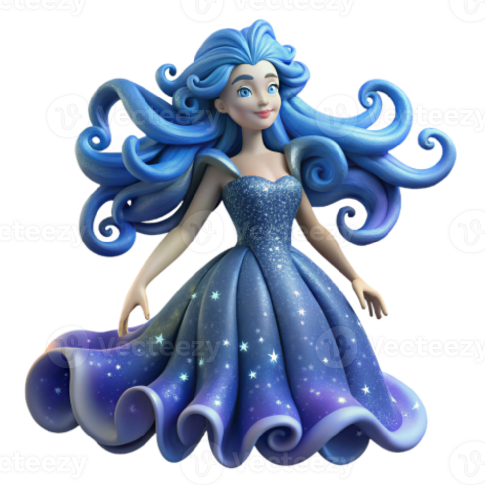 vibrant artistic Celestial Princess 3D Render of a Fantasy Girl in a Starry Gown authentic png