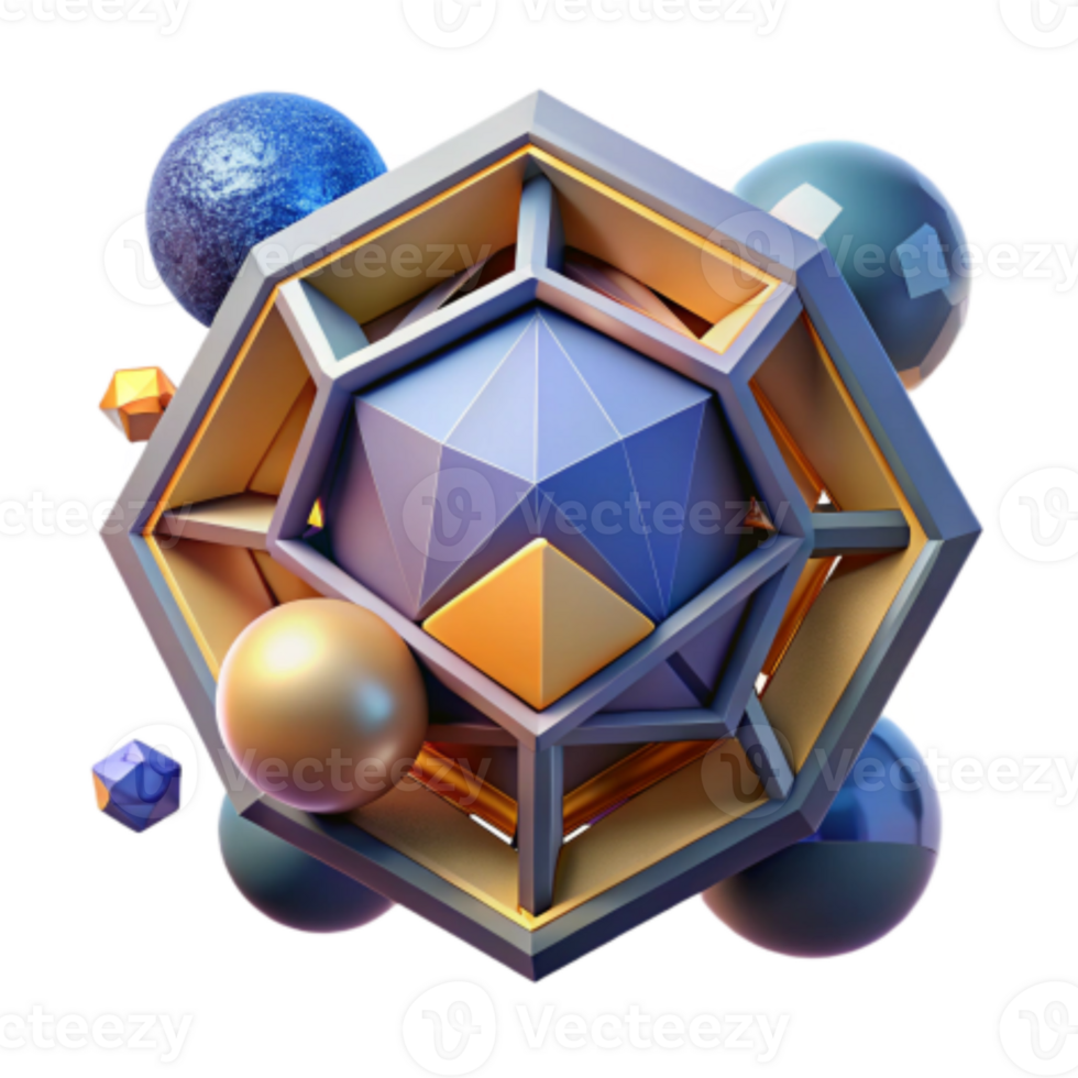 dramatic artistic Abstract Geometric 3D Render Spheres, Polyhedra, and Hexagonal Structure original png