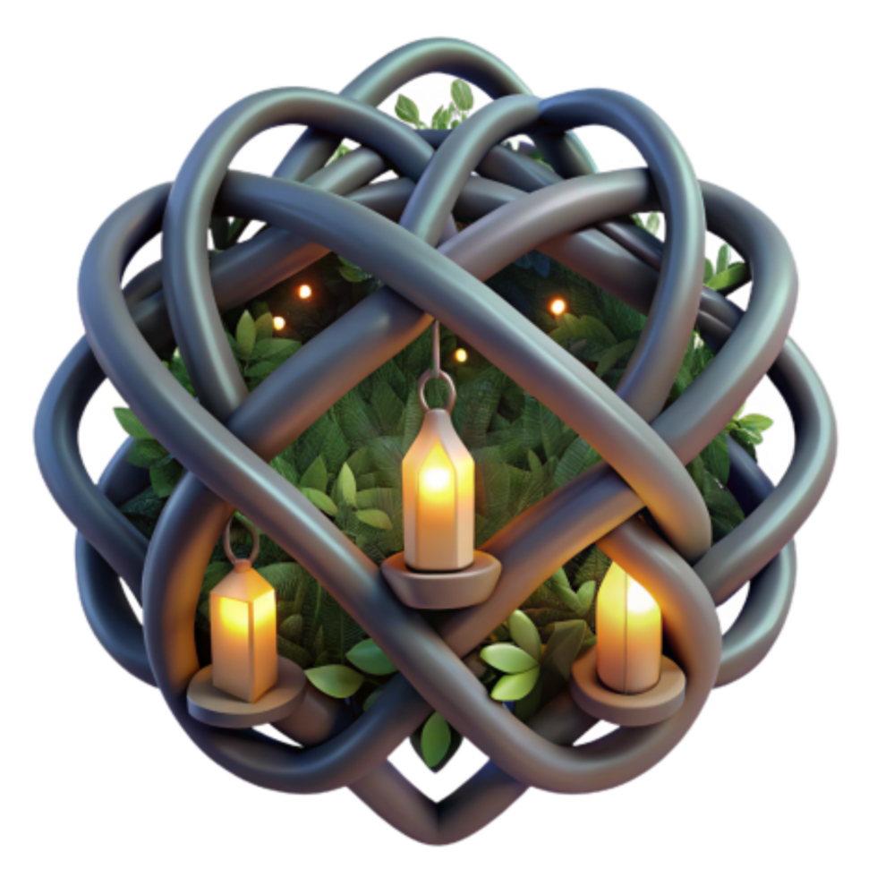 dramatic modern Illuminated Knotwork Sphere with Candles and Foliage 4K png