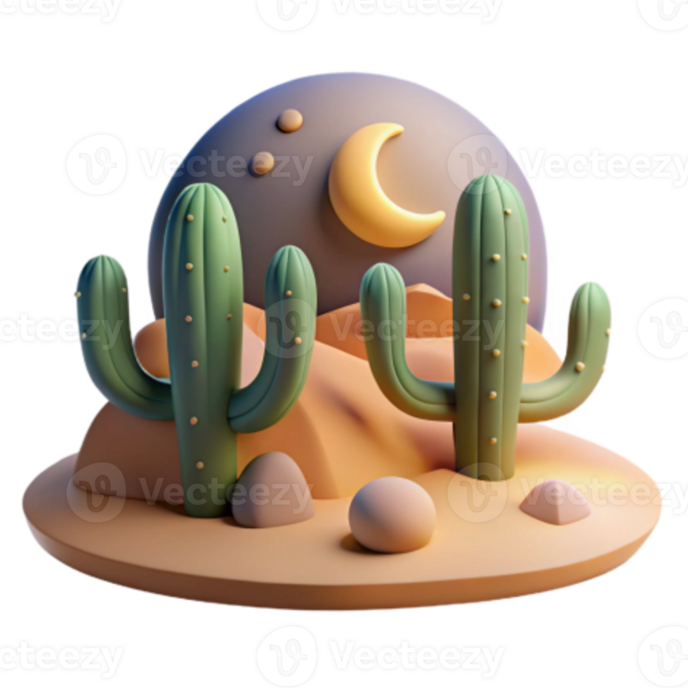 wonderful minimalist Desert Night Cacti Under the Crescent Moon detailed png