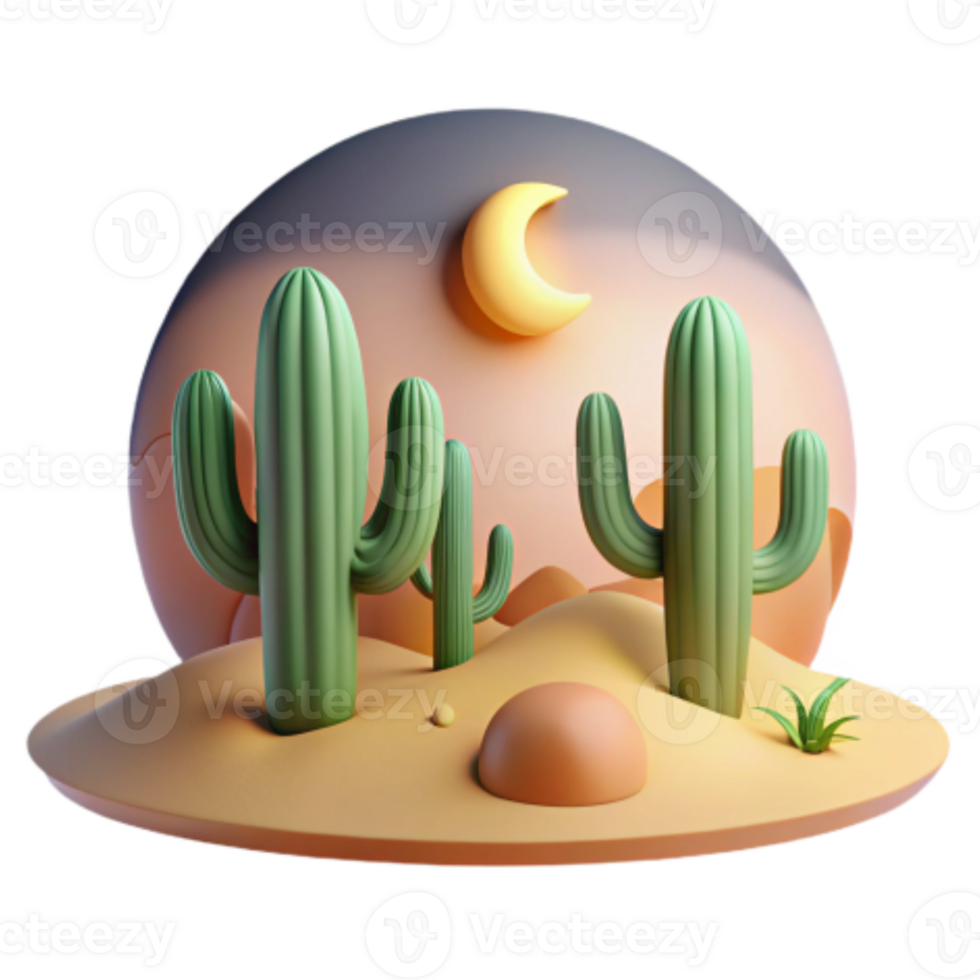 beautiful contemporary Desert Night Scene 3D Cactus Landscape high resolution png