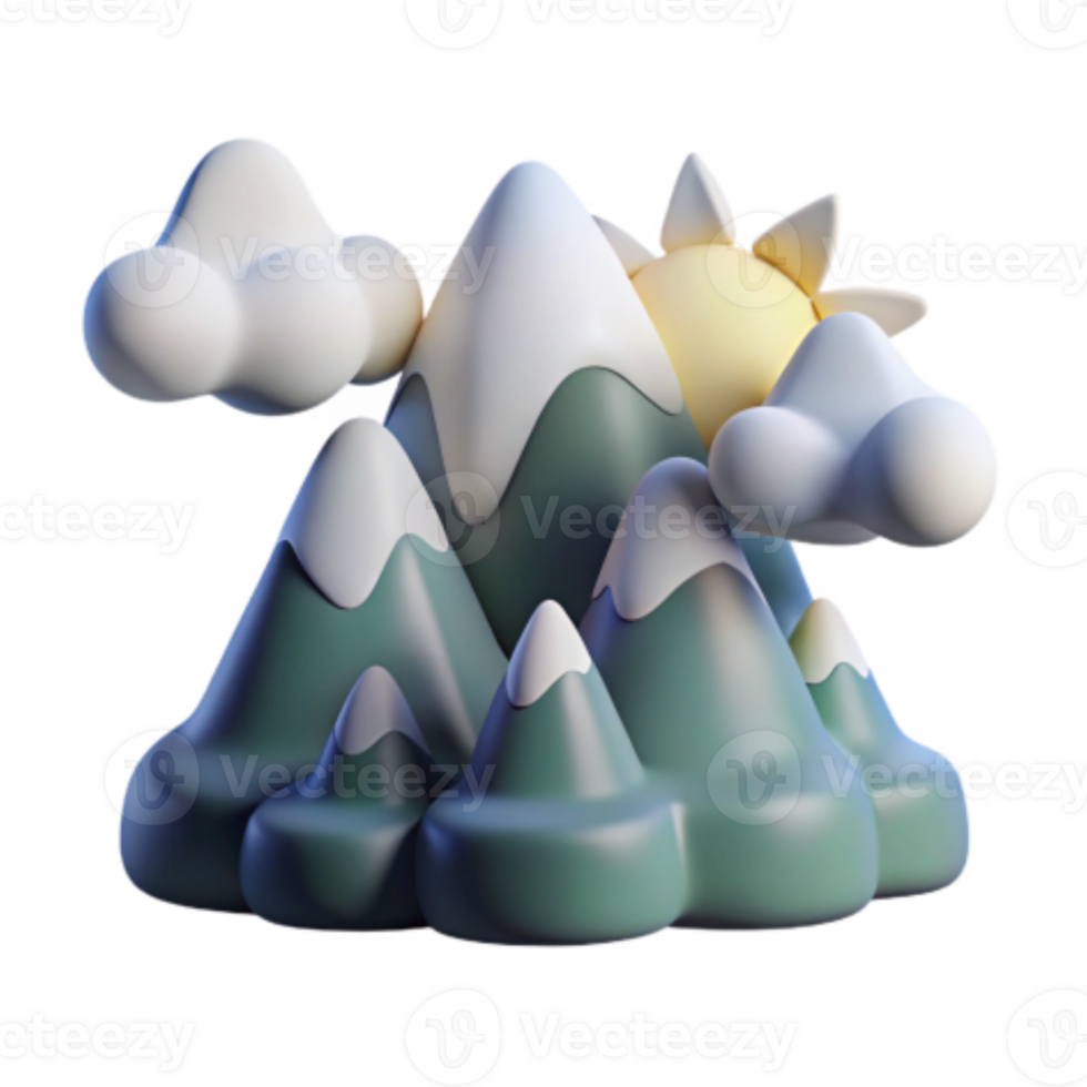 stunning artistic Cartoon Mountain Landscape Sun, Clouds, and Peaks original png