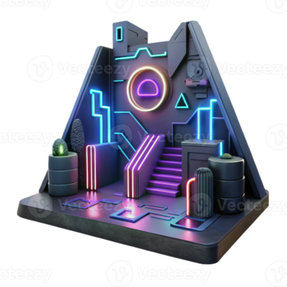 beautiful abstract Neon Retrofuturistic Cityscape 3D Render high resolution png