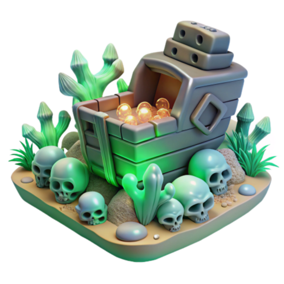 stunning creative Sunken Treasure Chest 3D Render of Underwater Scene authentic png