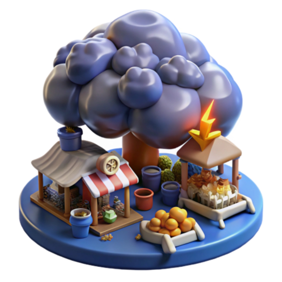 elegant vintage Stormy Day Market 3D Render of Shops Produce high resolution png