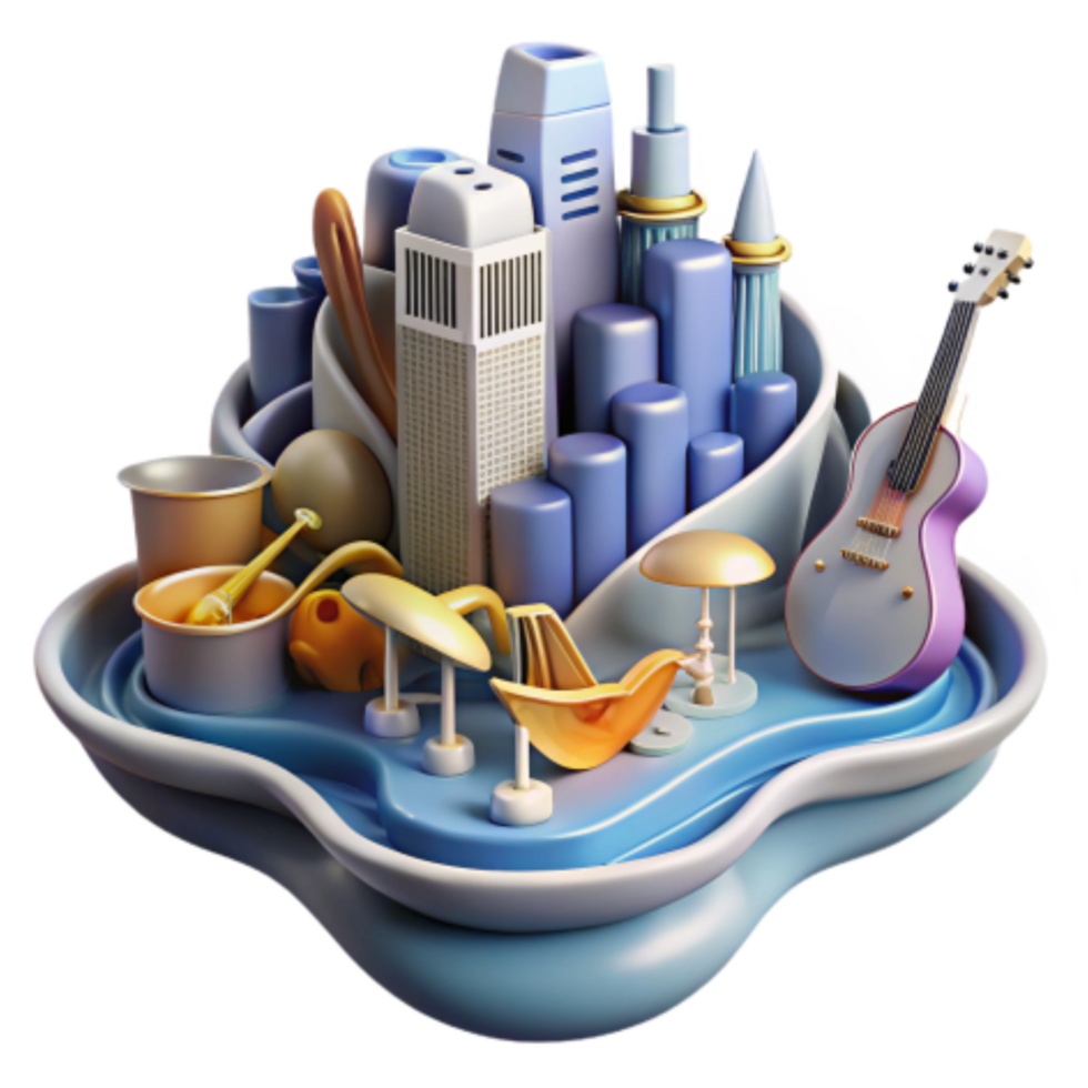 magnificent traditional 3D Cityscape with Musical Instruments and Abstract Objects professional png