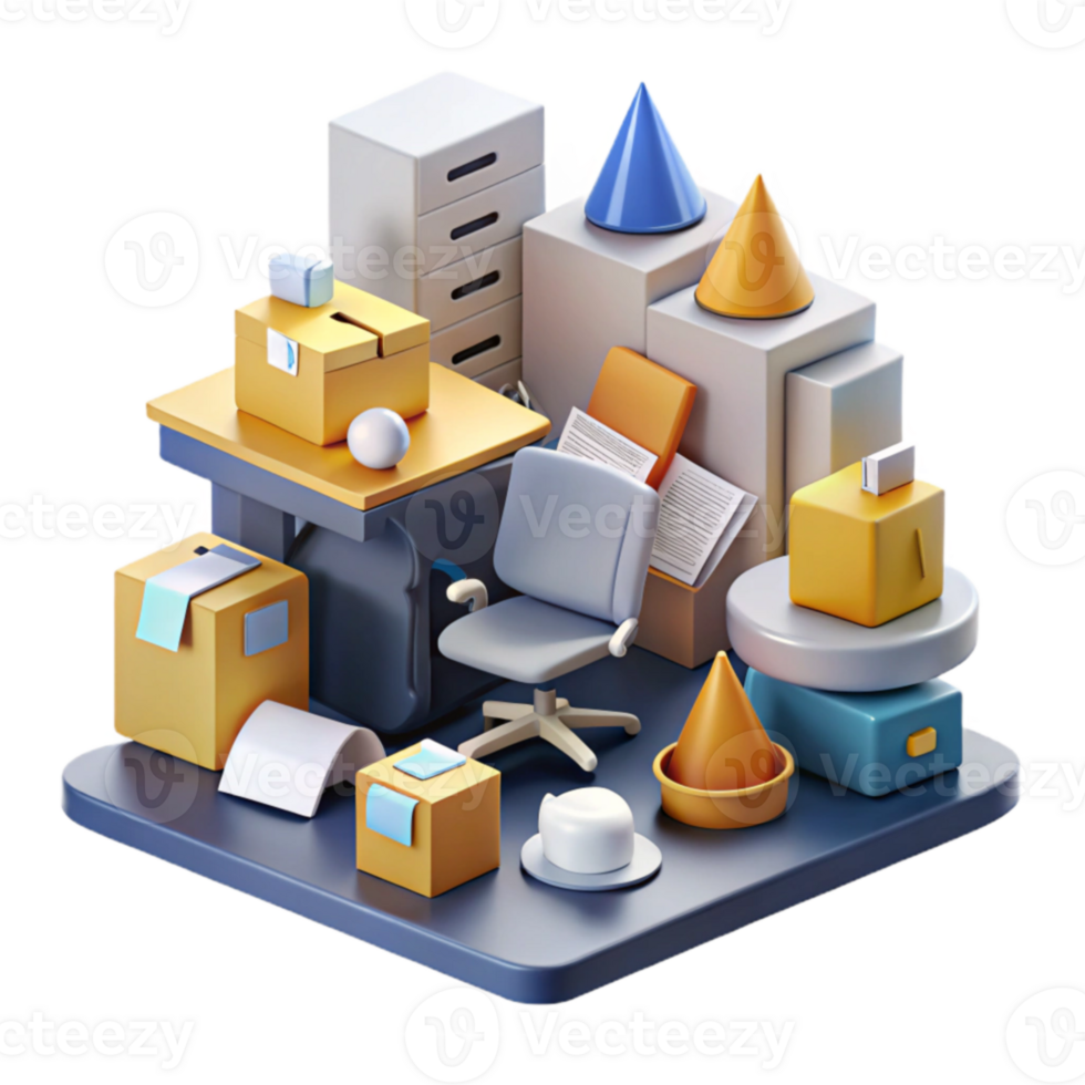 elegant artistic Organized Chaos 3D Render of a Cluttered Workspace authentic png