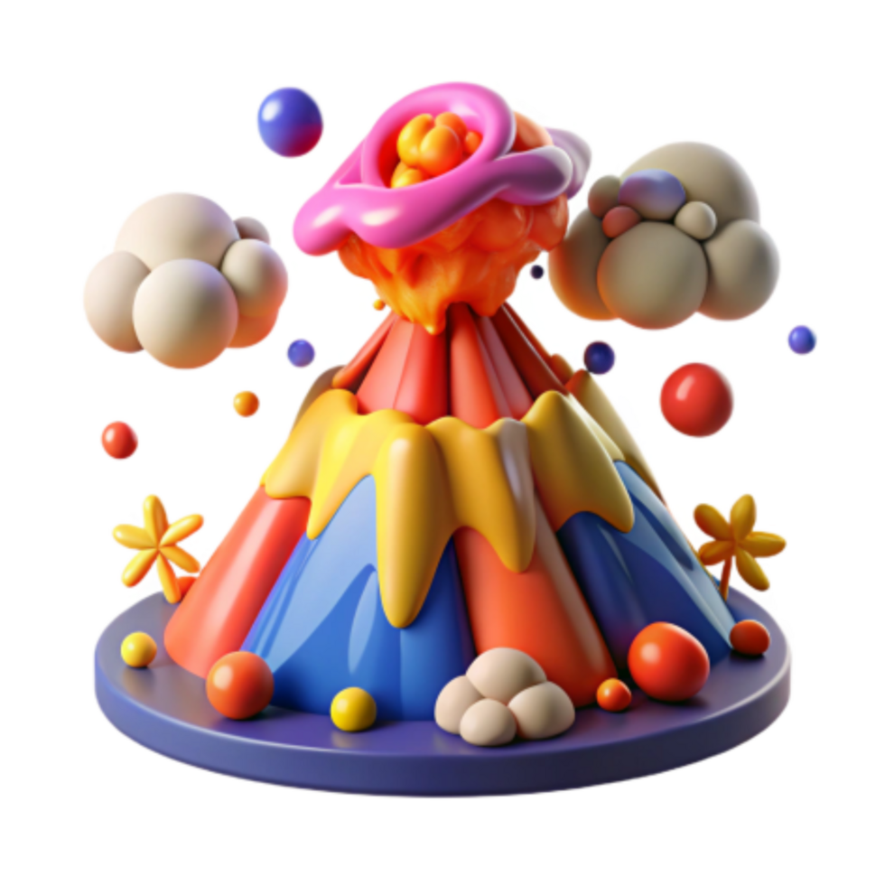 serene vintage Colorful 3D Volcano Landscape with Cartoon Clouds high quality png