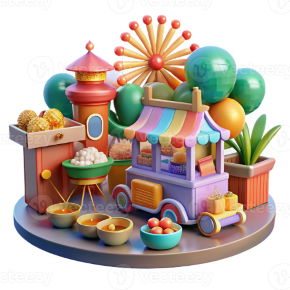 stunning creative Whimsical Food Cart Scene 3D Render of Playful Treats professional png