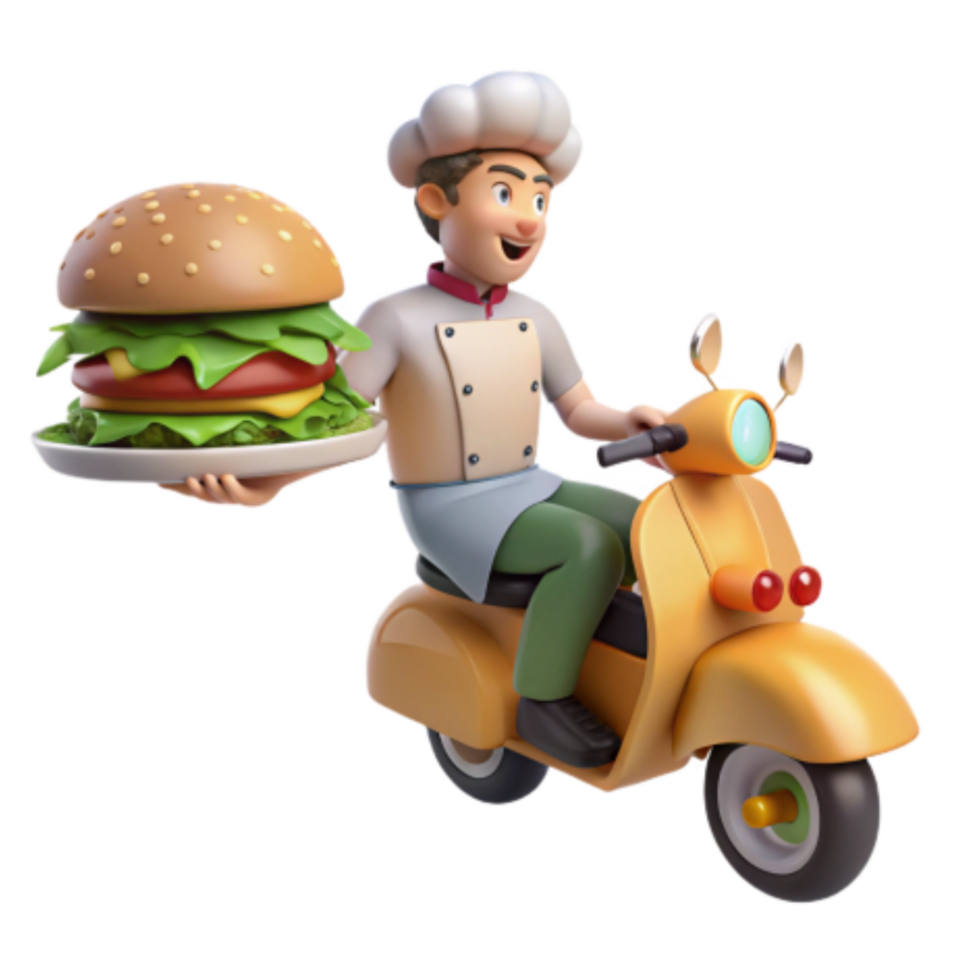 stunning traditional Chef Delivers Delicious Burger on Scooter premium png