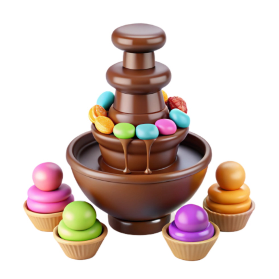 beautiful classic Chocolate Fountain with Colorful Candies and Cupcakes professional png