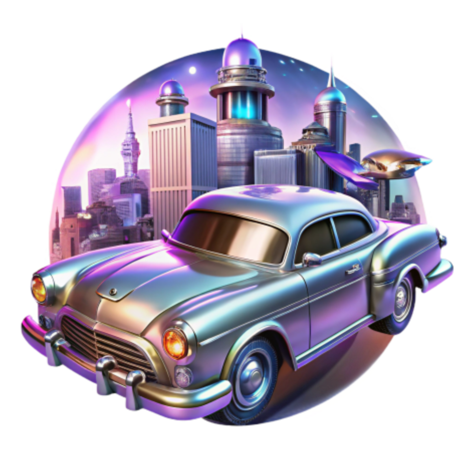 vibrant creative Retro City Racer Futuristic Car, Cityscape Adventure original png