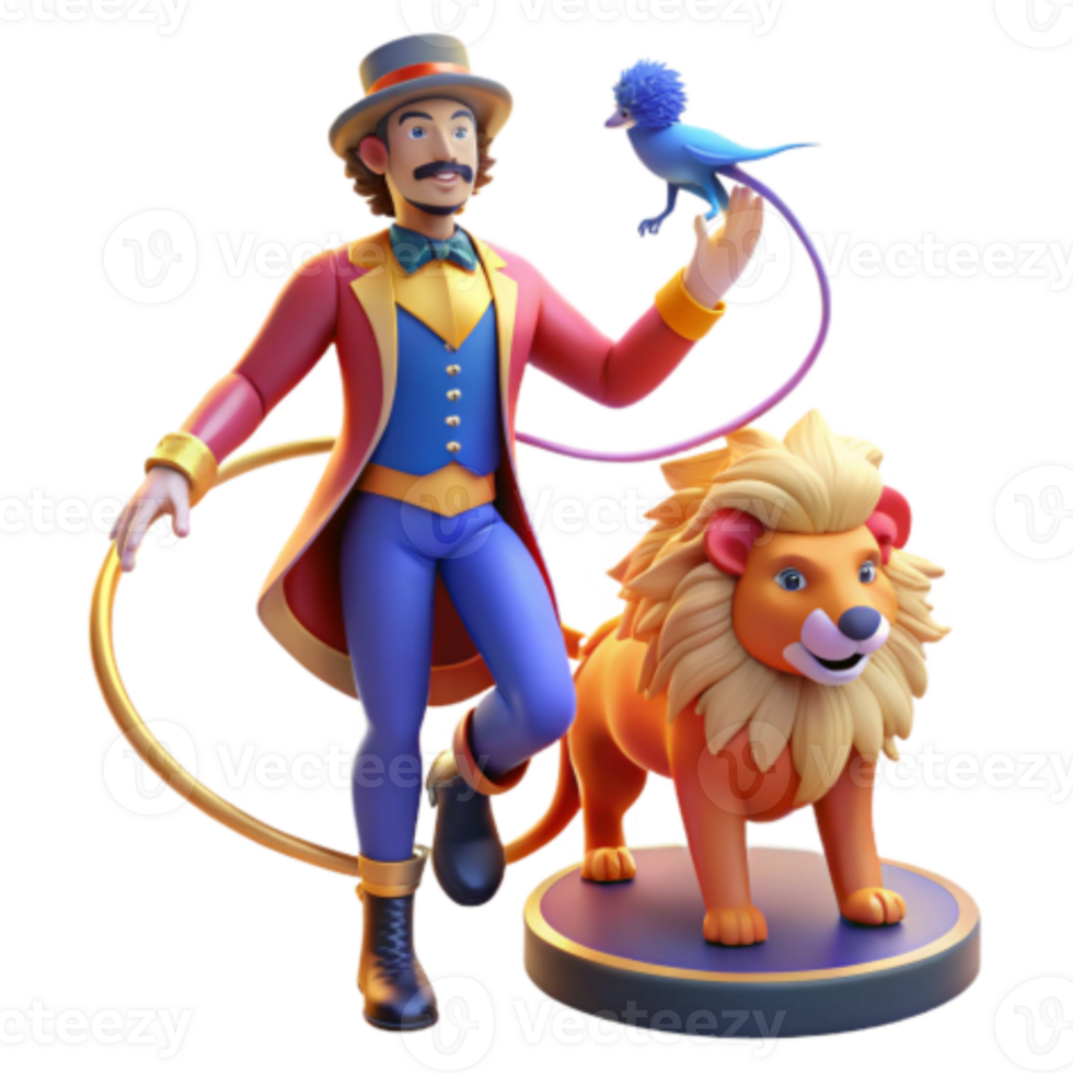 elegant modern Ringmaster, Lion, and Bird 3D Circus Act authentic png