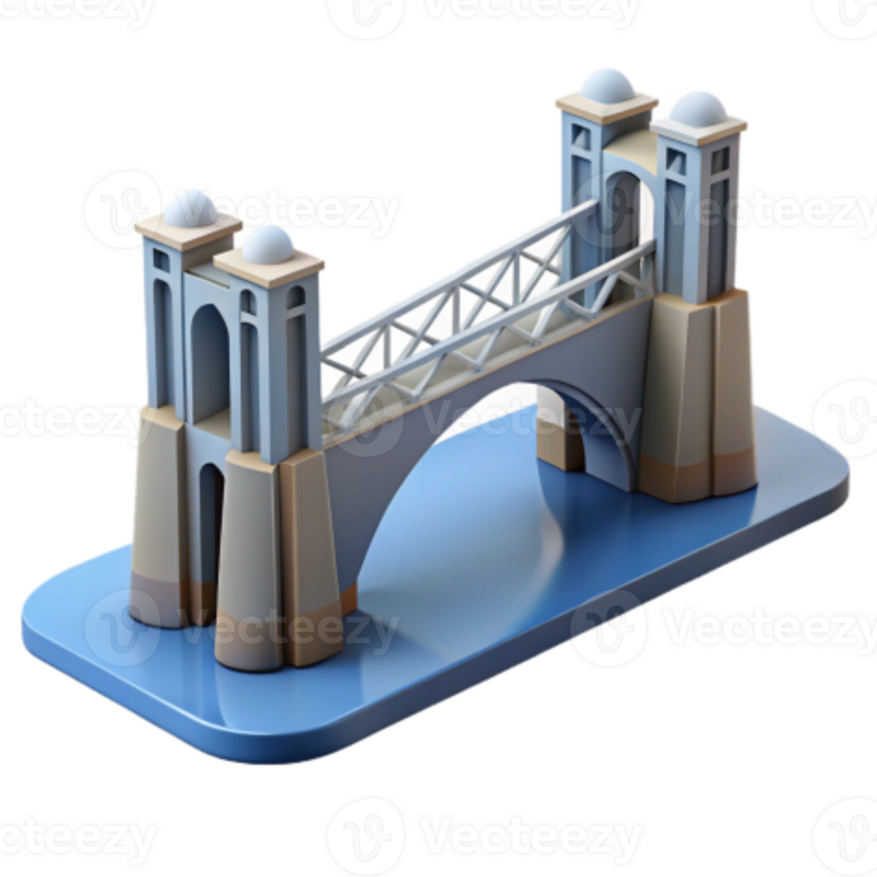 elegant classic Arch Bridge 3D Model Isometric View, Towers, Water high resolution png