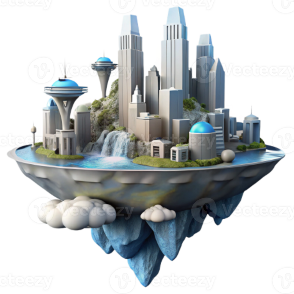 dramatic classic Futuristic City Island Skyscrapers, Waterfall, Floating premium png