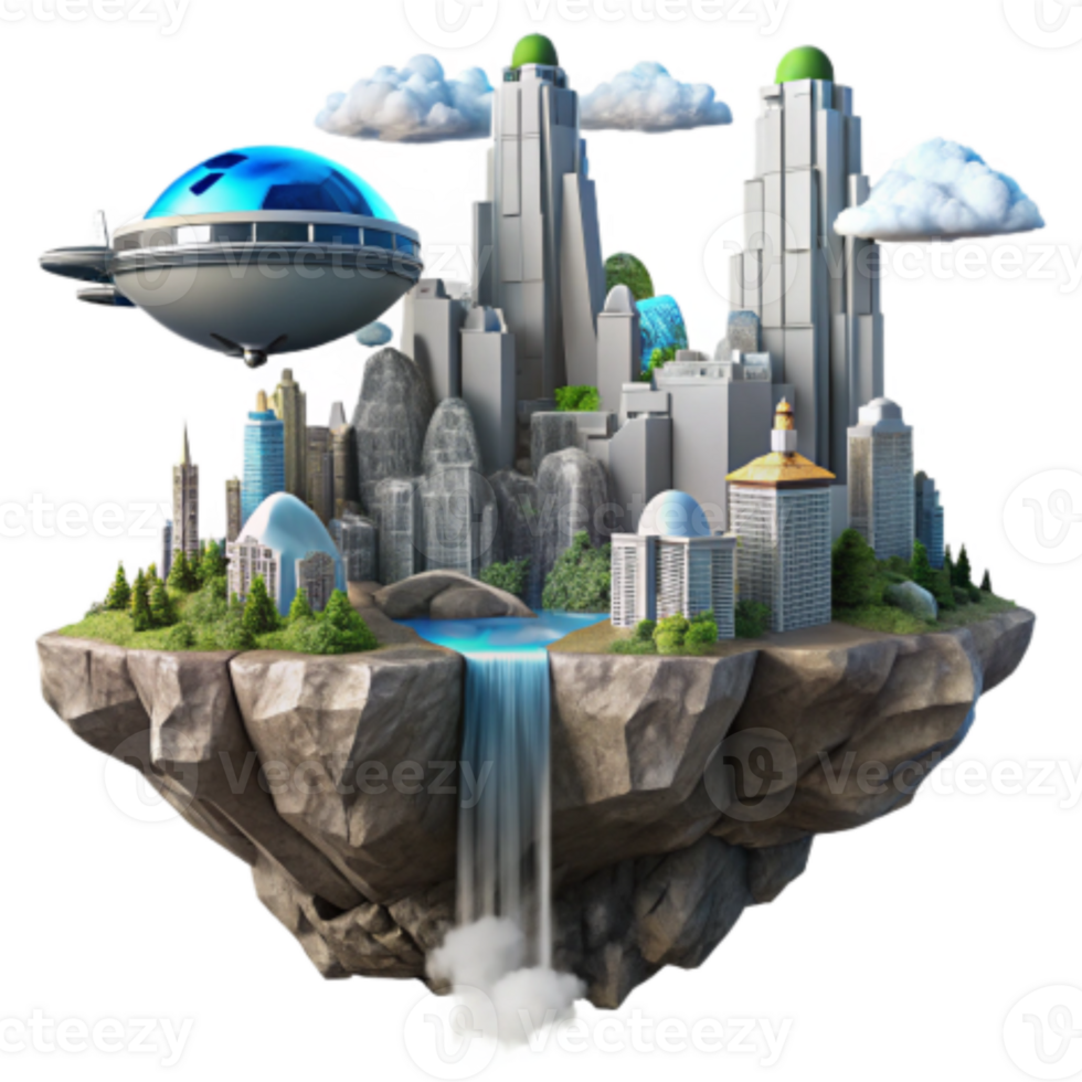 magnificent classic Floating City Island Futuristic Metropolis, Waterfall Paradise exclusive png