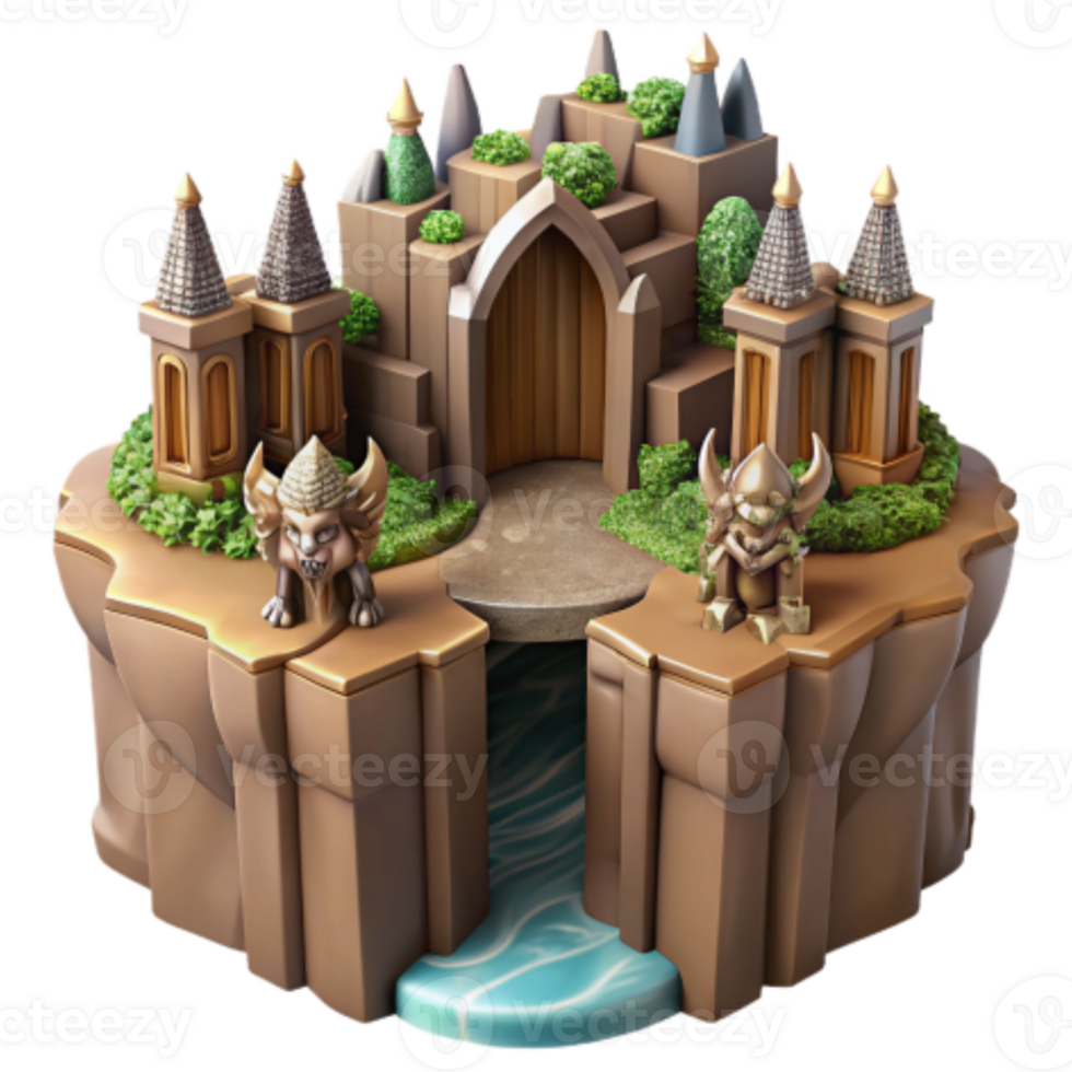 dramatic traditional Fantasy Island Fortress Gate, Towers, Cliffs, and Guardians authentic png