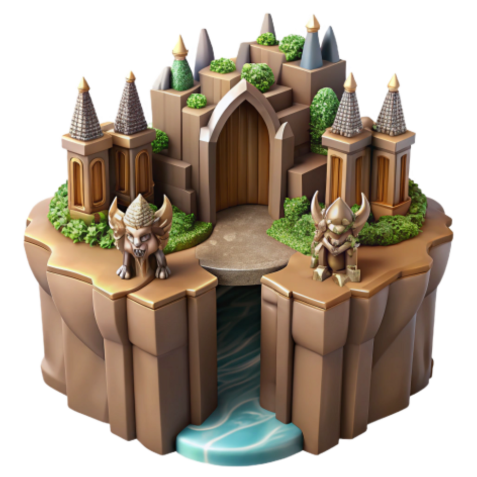 extraordinary artistic Fantasy Clifftop Castle with Gate and Guardians original png