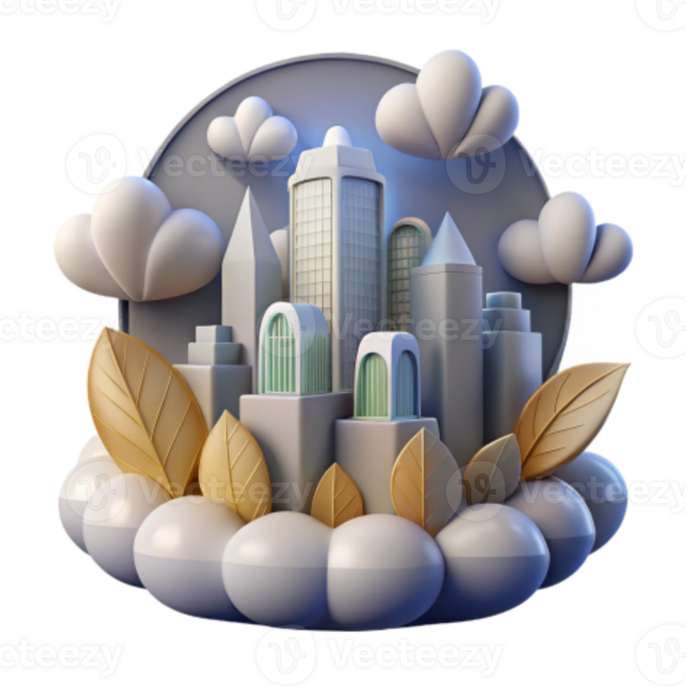 serene rustic Cityscape Illustration Clouds, Leaves, and Urban Architecture premium png
