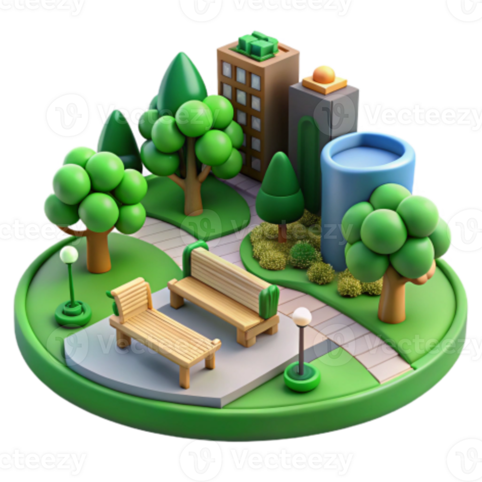 dramatic traditional Urban Park Design 3D Model of City Greenspace with Benches and Trees exclusive png