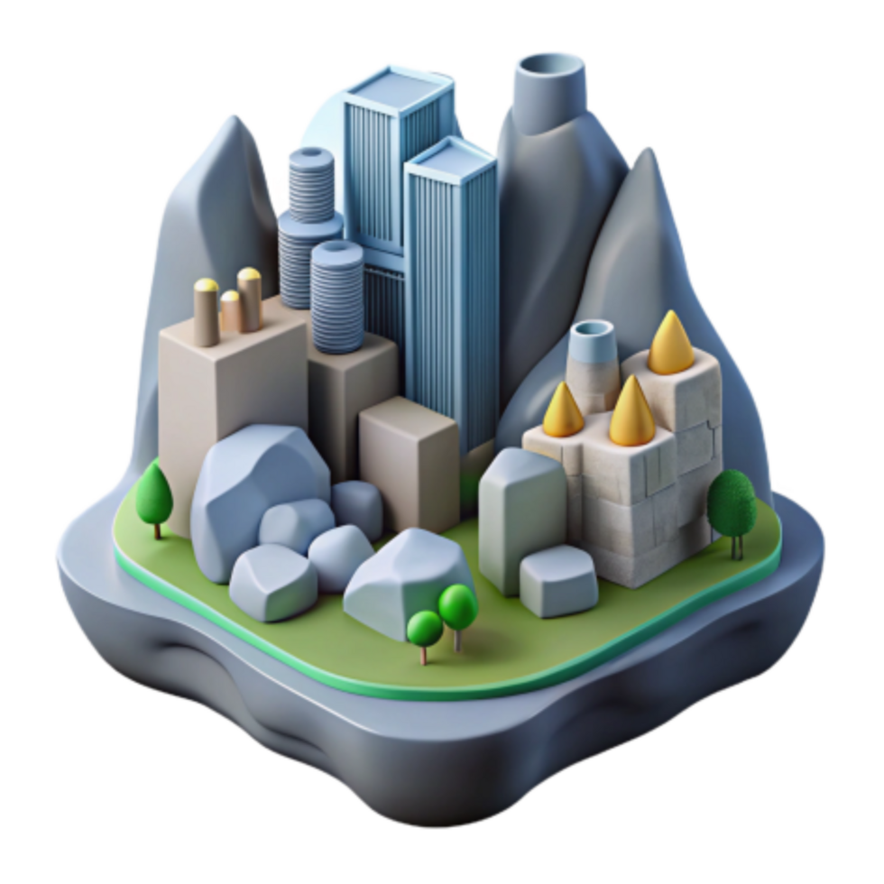 serene abstract Isometric Cityscape Buildings, Mountains, and Parks high resolution png