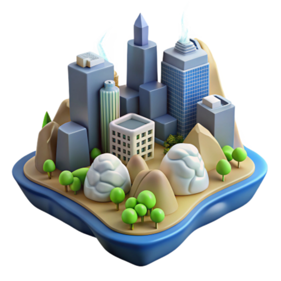 vibrant minimalist Island Cityscape 3D Model of Urban Oasis authentic png