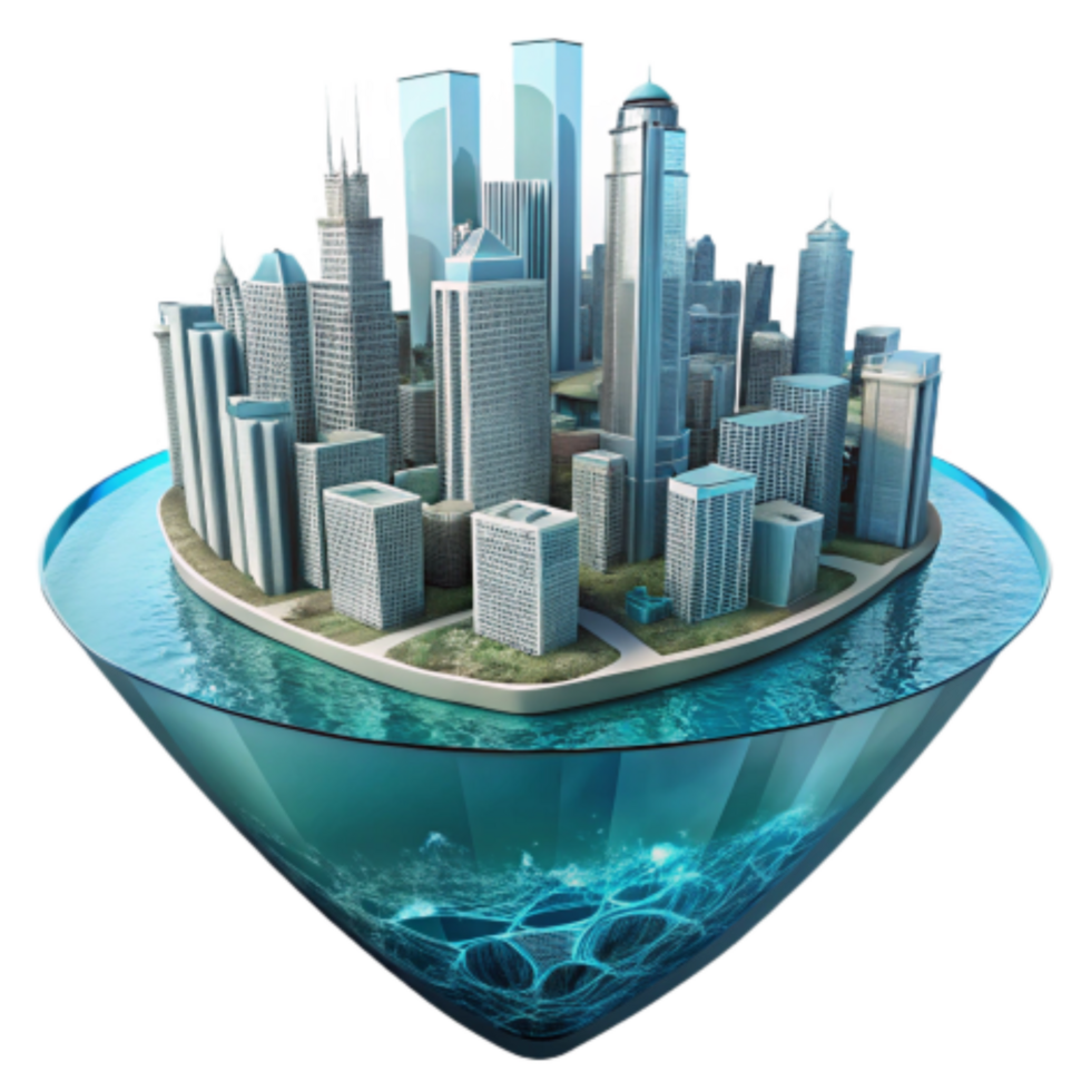 stunning artistic Urban Infrastructure Cityscape, Smart City, Digital Twin, Modeling, Simulation, Water Management, Network, Data Visualization detailed png