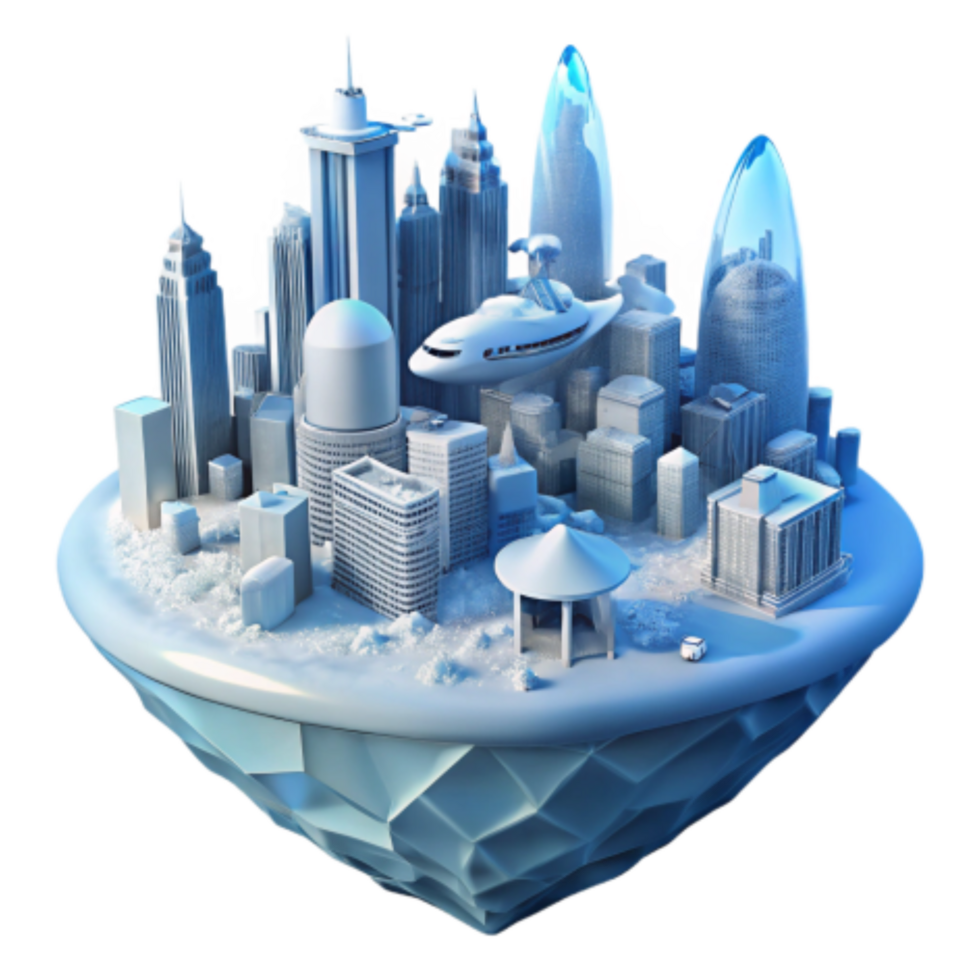 magnificent minimalist Futuristic Cityscape on an Iceberg Flying Vehicles Modern Architecture exclusive png