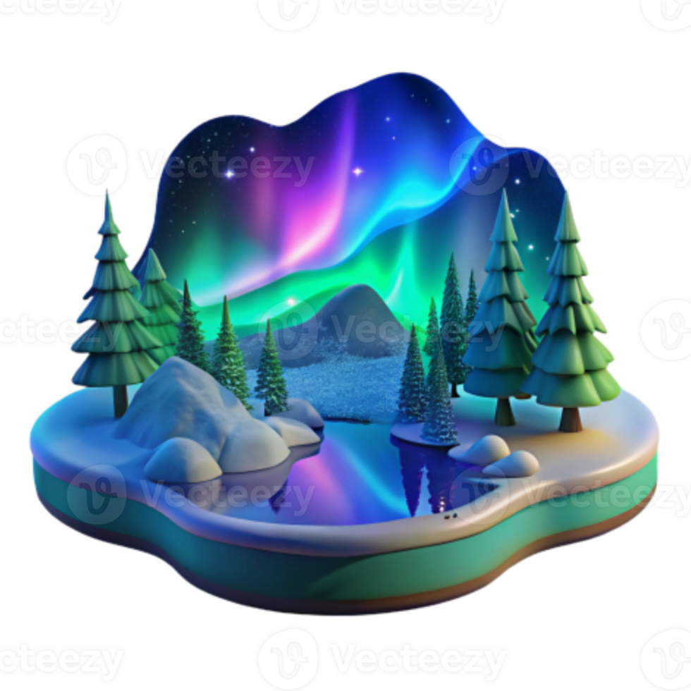 elegant modern Winter Wonderland Aurora Borealis over Snowy Lake and Forest detailed png