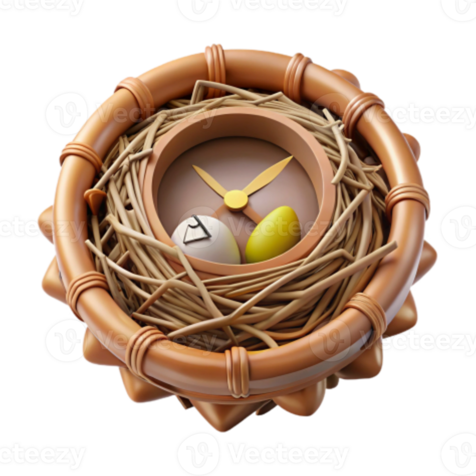 impressive contemporary Clock in a Birds Nest with Eggs Time, Nature, Spring high quality png