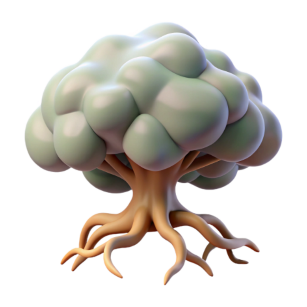 vibrant artistic Stylized 3D Tree Model Cartoon Foliage, Detailed Roots high resolution png
