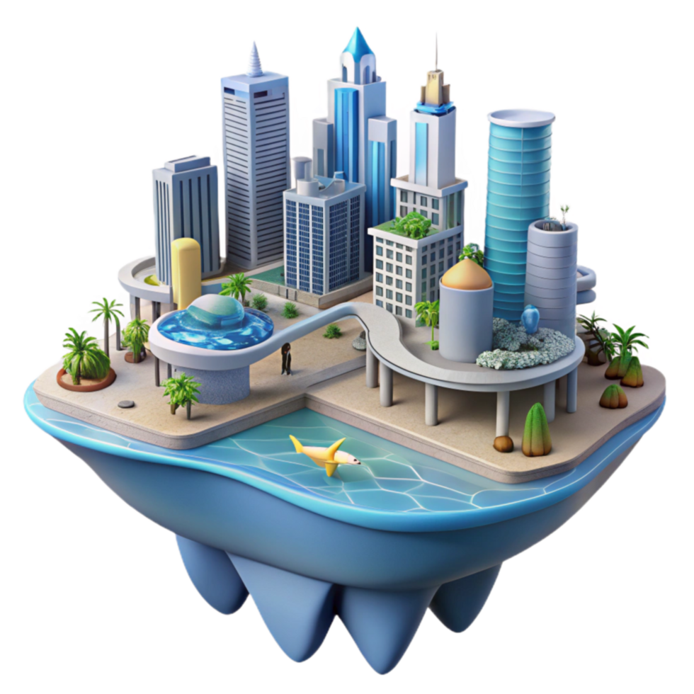 impressive abstract Floating City Isometric Urban Island Design detailed png