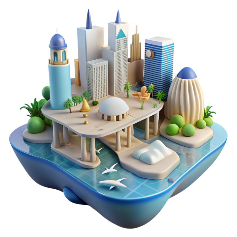 impressive rustic Futuristic Island Cityscape Architectural Design detailed png